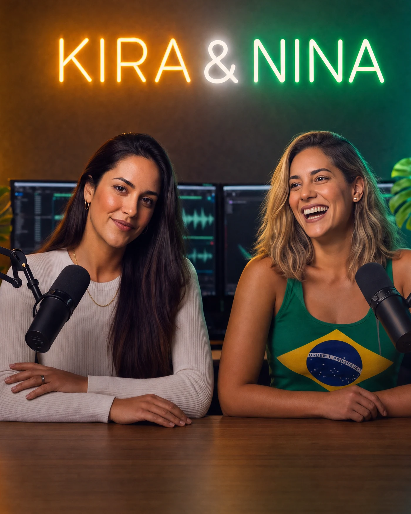 Kira e Nina no estúdio, sob o letreiro de neon Kira & Nina